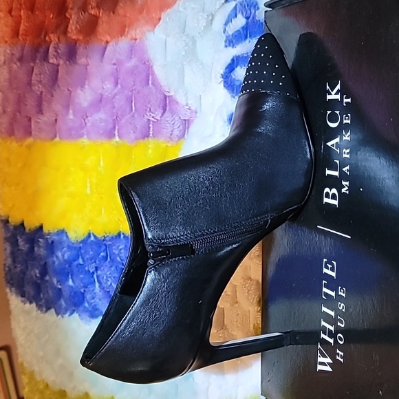 White House Black Market Shoes - WHBM 'Klaudia' Studded Toe Black Leather Bootie 9M Like New In Box w/Dust Covers